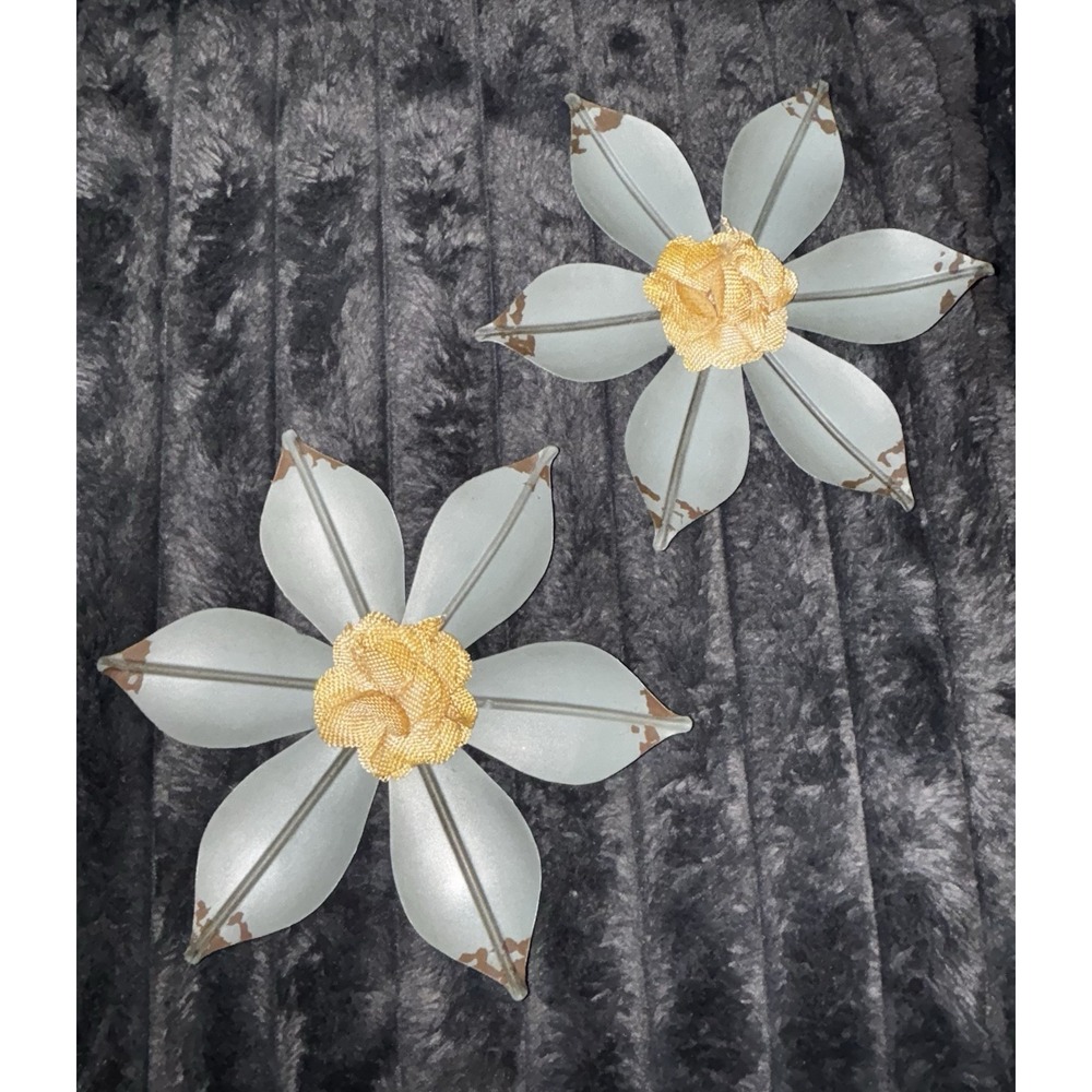 Metal And Burlap Flower Wall Art Blue Turquoise 7" pair